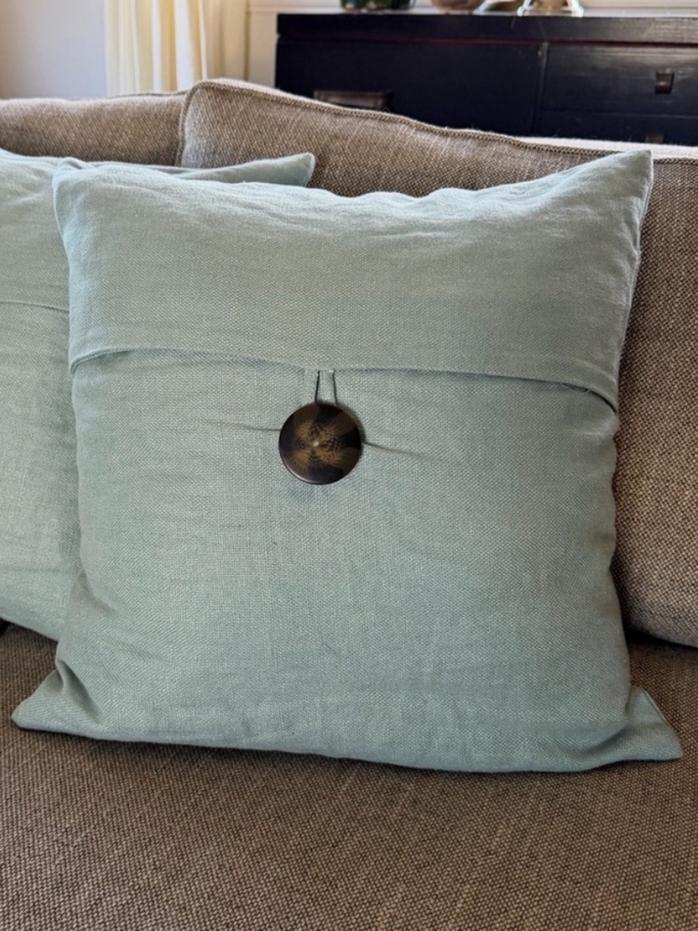 Pottery Barn Pale Aqua Cyan Linen Accent Pillow Cover with Wood Button